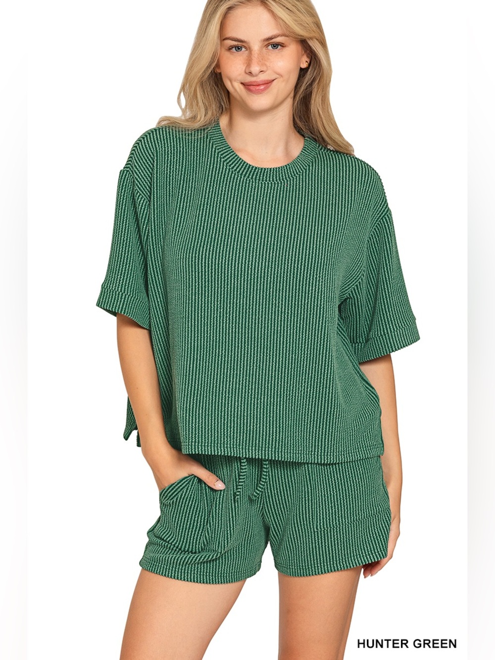Zenana RAISED RIB SHORT SLEEVE TEE & SHORT PANTS SET